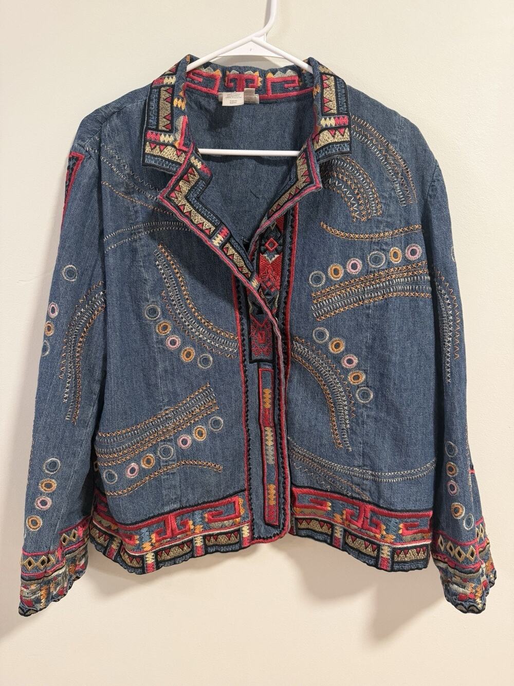 Coldwater Creek Embroidered Denim Jacket PXL Boho Southwestern Western Cotton